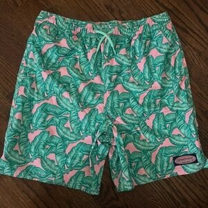 Vineyard Vines Boys Chappy Trunks Pink and Green Palm Print